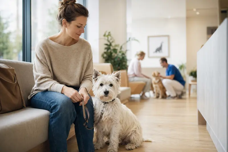 Ein Weißer Hochlandterrier sitzt ruhig neben seinem Besitzer im hellen Wartezimmer einer modernen Tierarztpraxis.